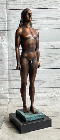 Ancient Greek Kouros Bronze Statue Sculpture Nude Male Man Figure Marble Base 16" x 4.5"
