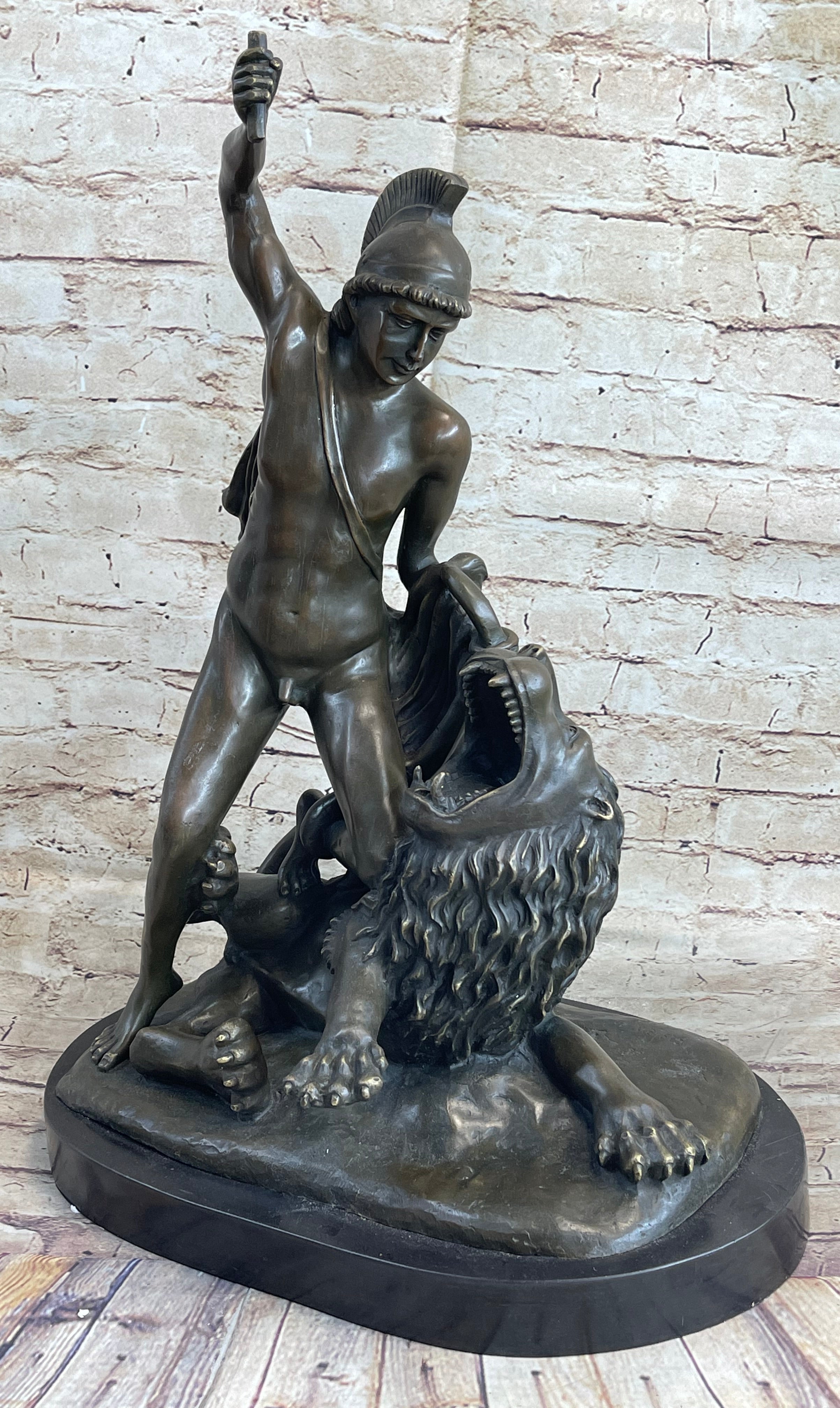 Greek Roman Warrior Gladiator Slaying Lion Bronze 22" x 18"