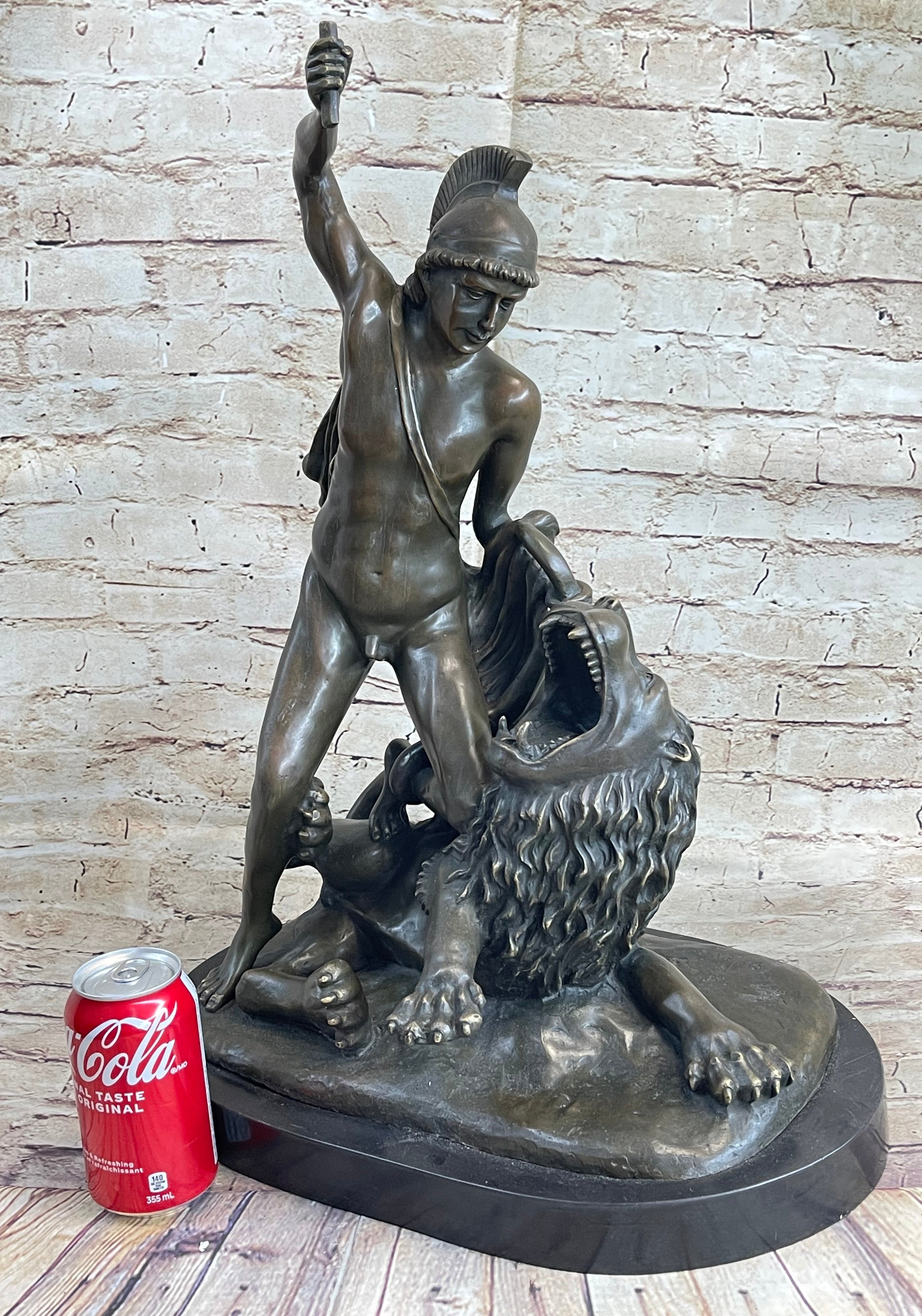 Greek Roman Warrior Gladiator Slaying Lion Bronze 22" x 18"