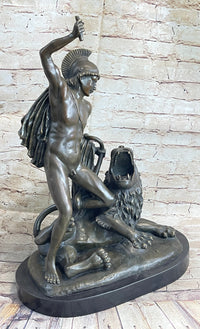 Greek Roman Warrior Gladiator Slaying Lion Bronze 22" x 18"