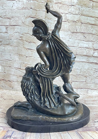 Greek Roman Warrior Gladiator Slaying Lion Bronze 22" x 18"