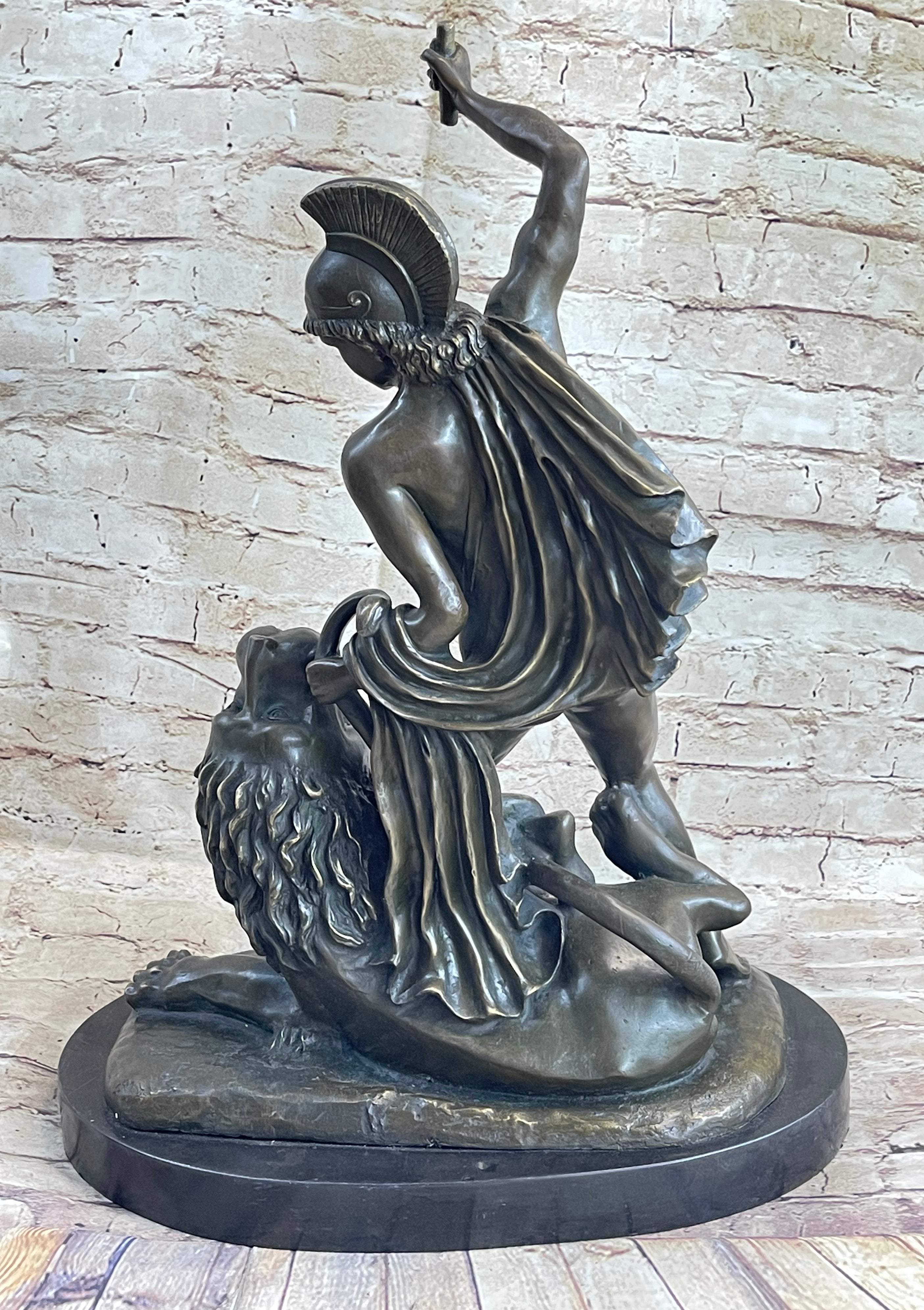 Greek Roman Warrior Gladiator Slaying Lion Bronze 22" x 18"