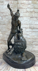Greek Roman Warrior Gladiator Slaying Lion Bronze 22" x 18"