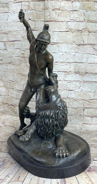 Greek Roman Warrior Gladiator Slaying Lion Bronze 22" x 18"
