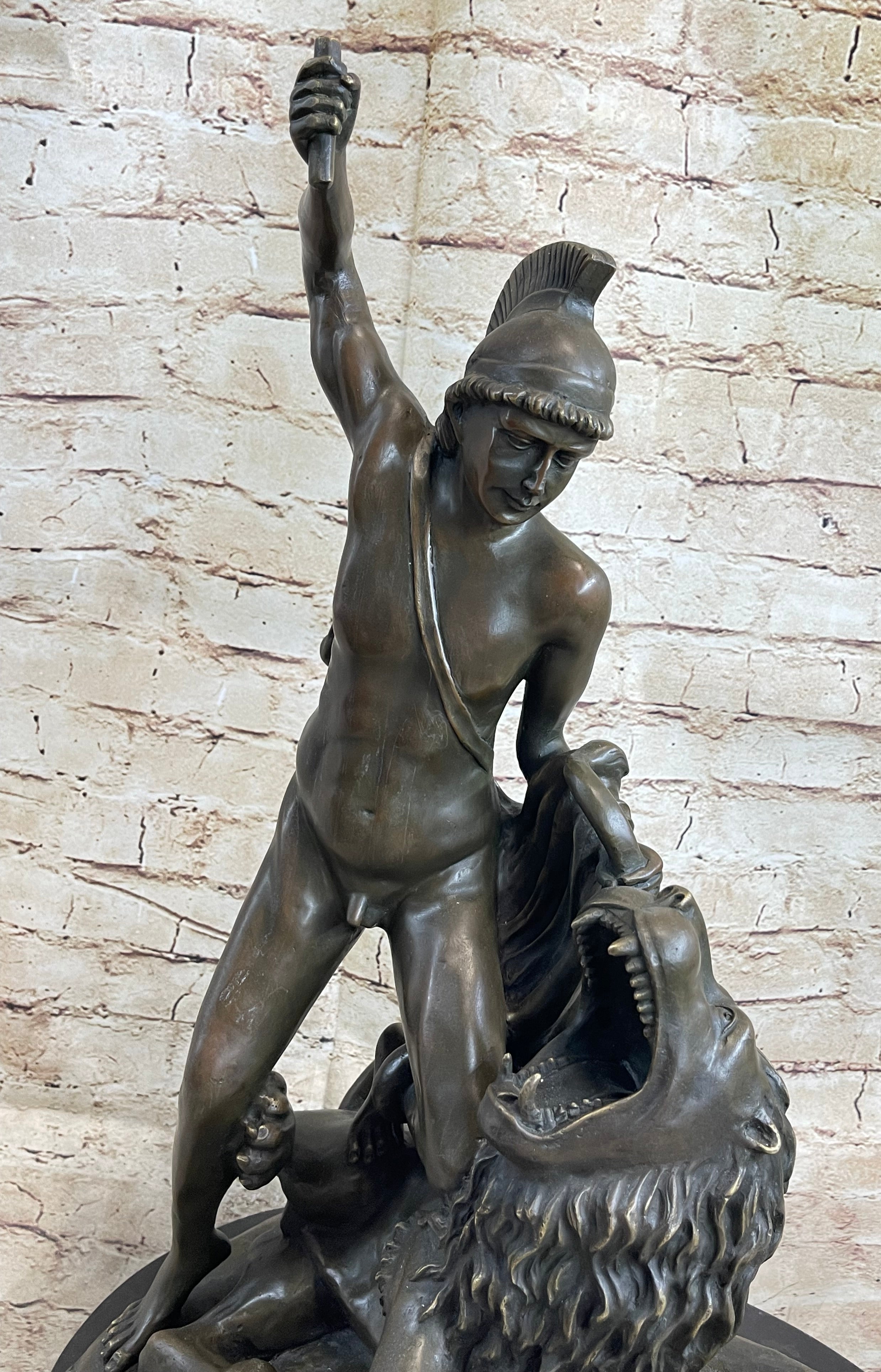 Greek Roman Warrior Gladiator Slaying Lion Bronze 22" x 18"
