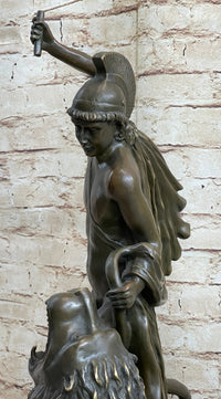 Greek Roman Warrior Gladiator Slaying Lion Bronze 22" x 18"