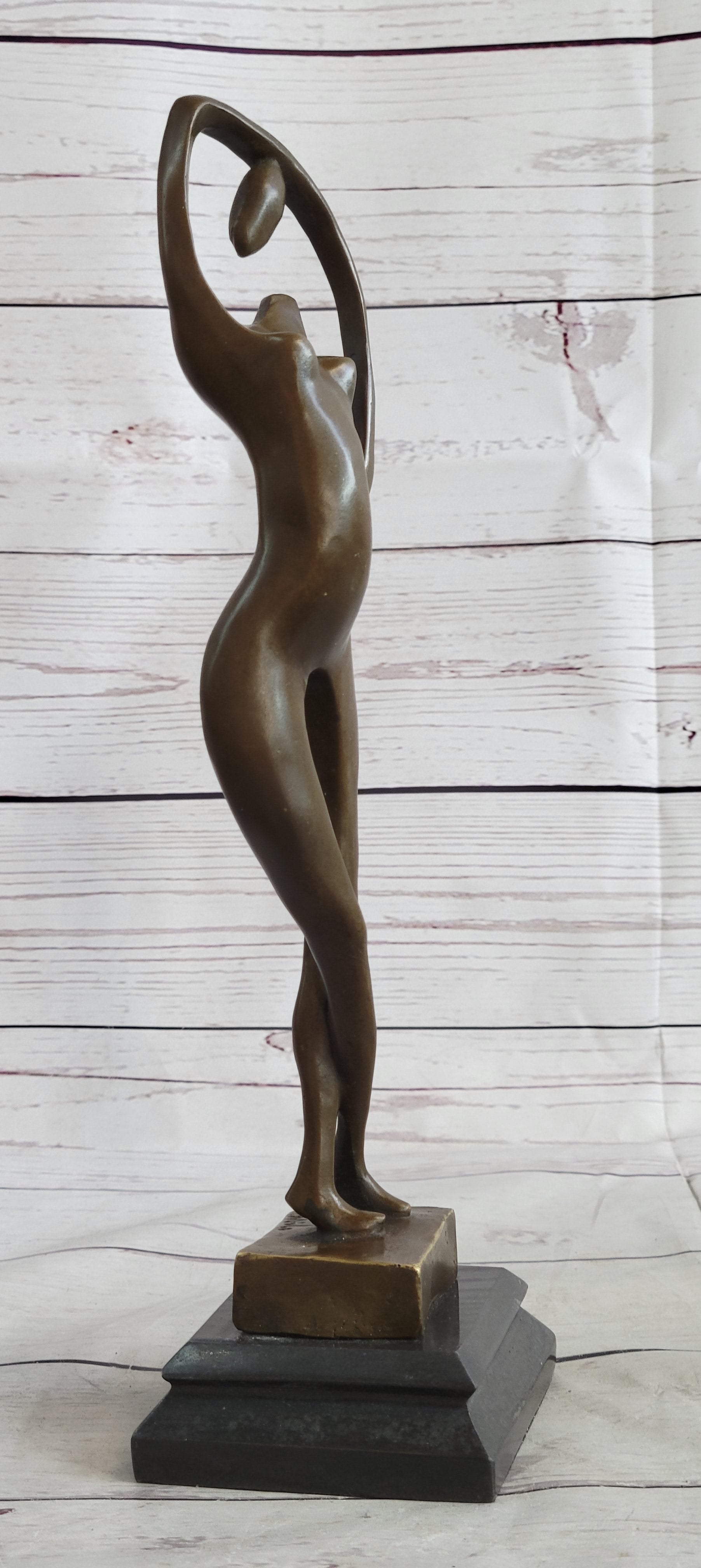 Abstract Nude Female Figure Stretching Modern Art Bronze Sculpture Statue on Marble Base