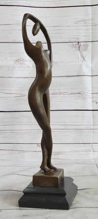 Abstract Nude Female Figure Stretching Modern Art Bronze Sculpture Statue on Marble Base