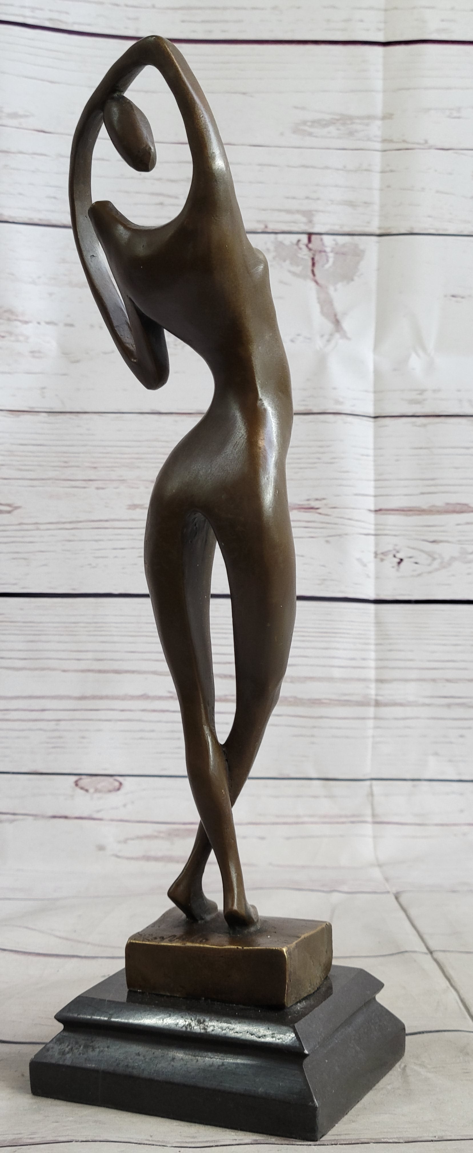 Abstract Nude Female Figure Stretching Modern Art Bronze Sculpture Statue on Marble Base