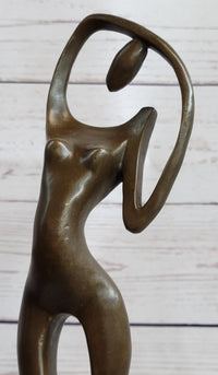 Abstract Nude Female Figure Stretching Modern Art Bronze Sculpture Statue on Marble Base
