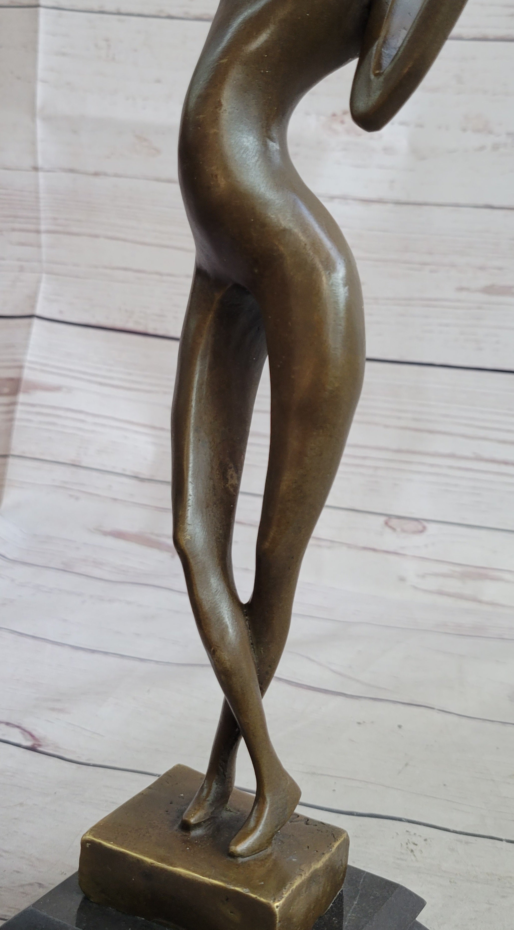 Abstract Nude Female Figure Stretching Modern Art Bronze Sculpture Statue on Marble Base