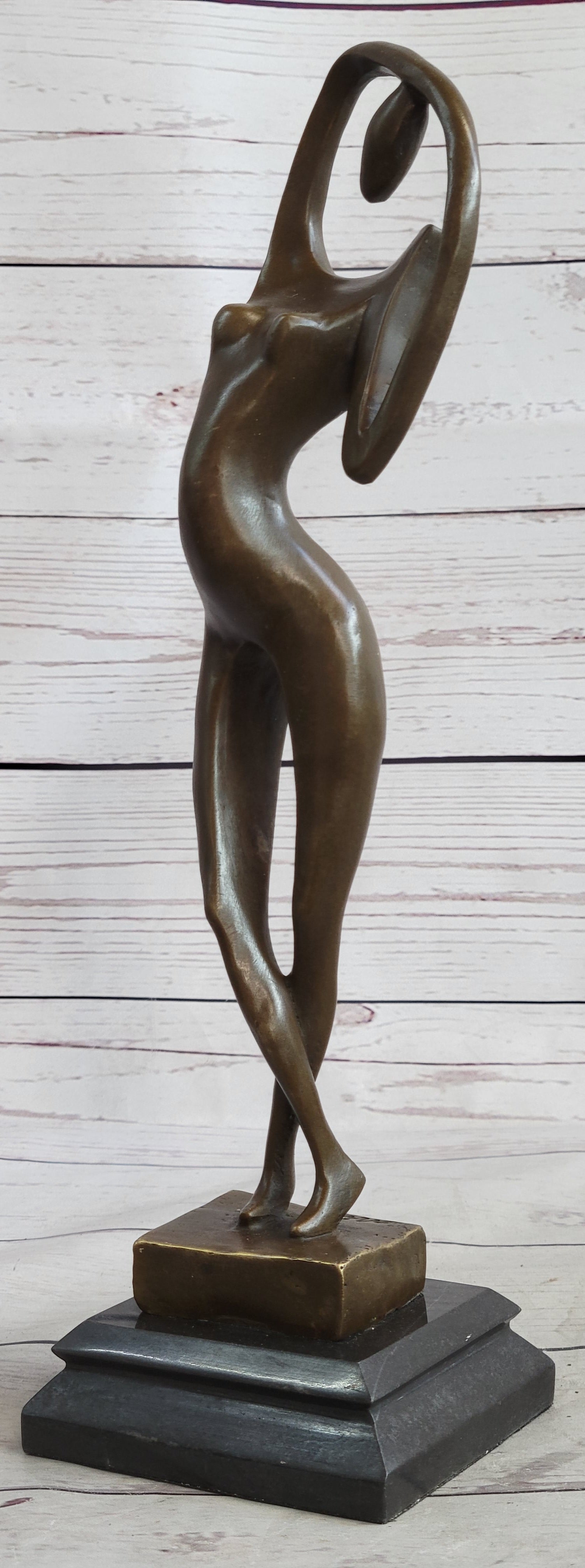 Abstract Nude Female Figure Stretching Modern Art Bronze Sculpture Statue on Marble Base