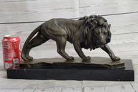 Male Lion Stalking Prey Bronze Sculpture Signed Art on Marble