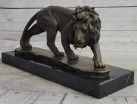 Male Lion Stalking Prey Bronze Sculpture Signed Art on Marble