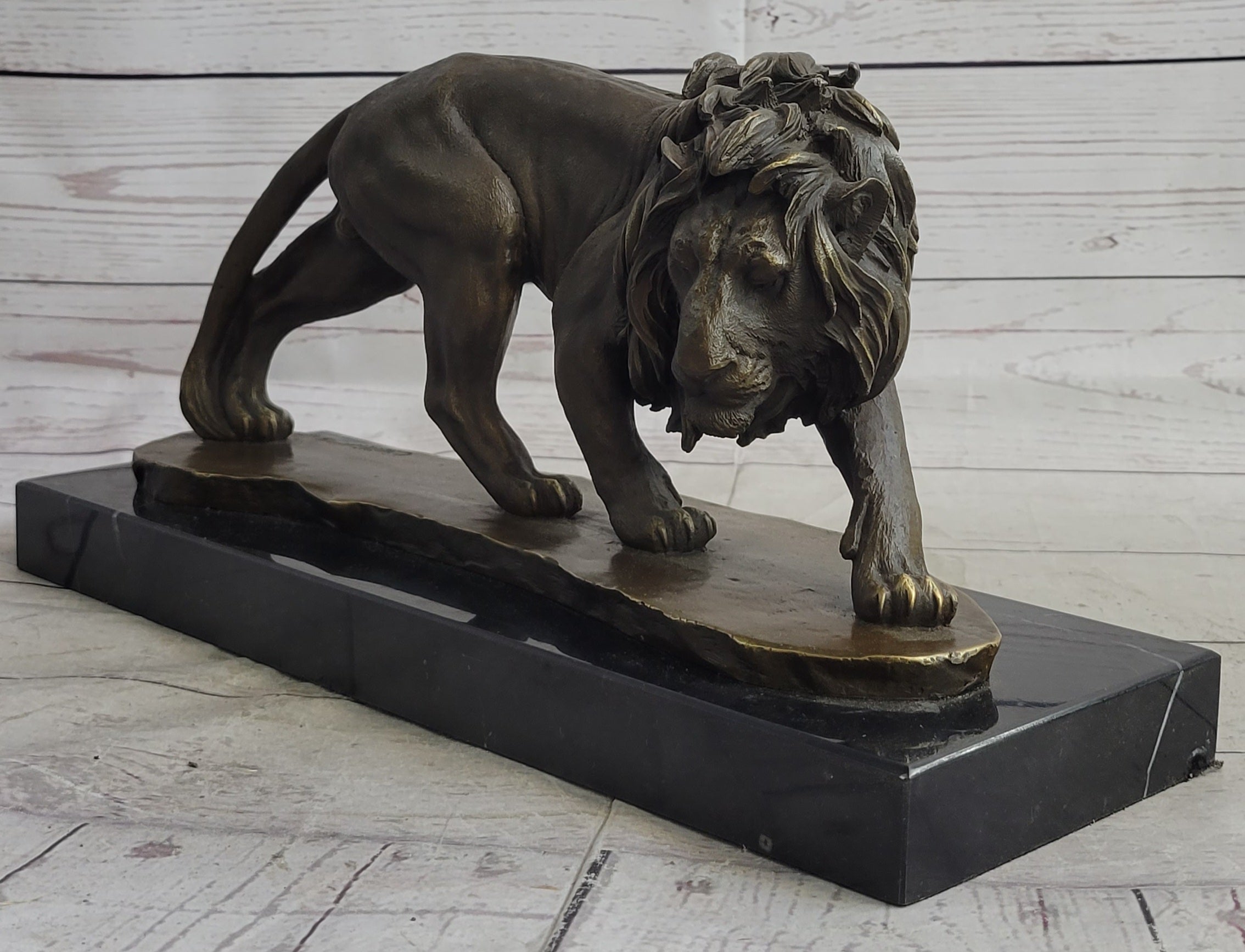 Male Lion Stalking Prey Bronze Sculpture Signed Art on Marble