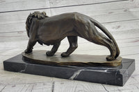 Male Lion Stalking Prey Bronze Sculpture Signed Art on Marble