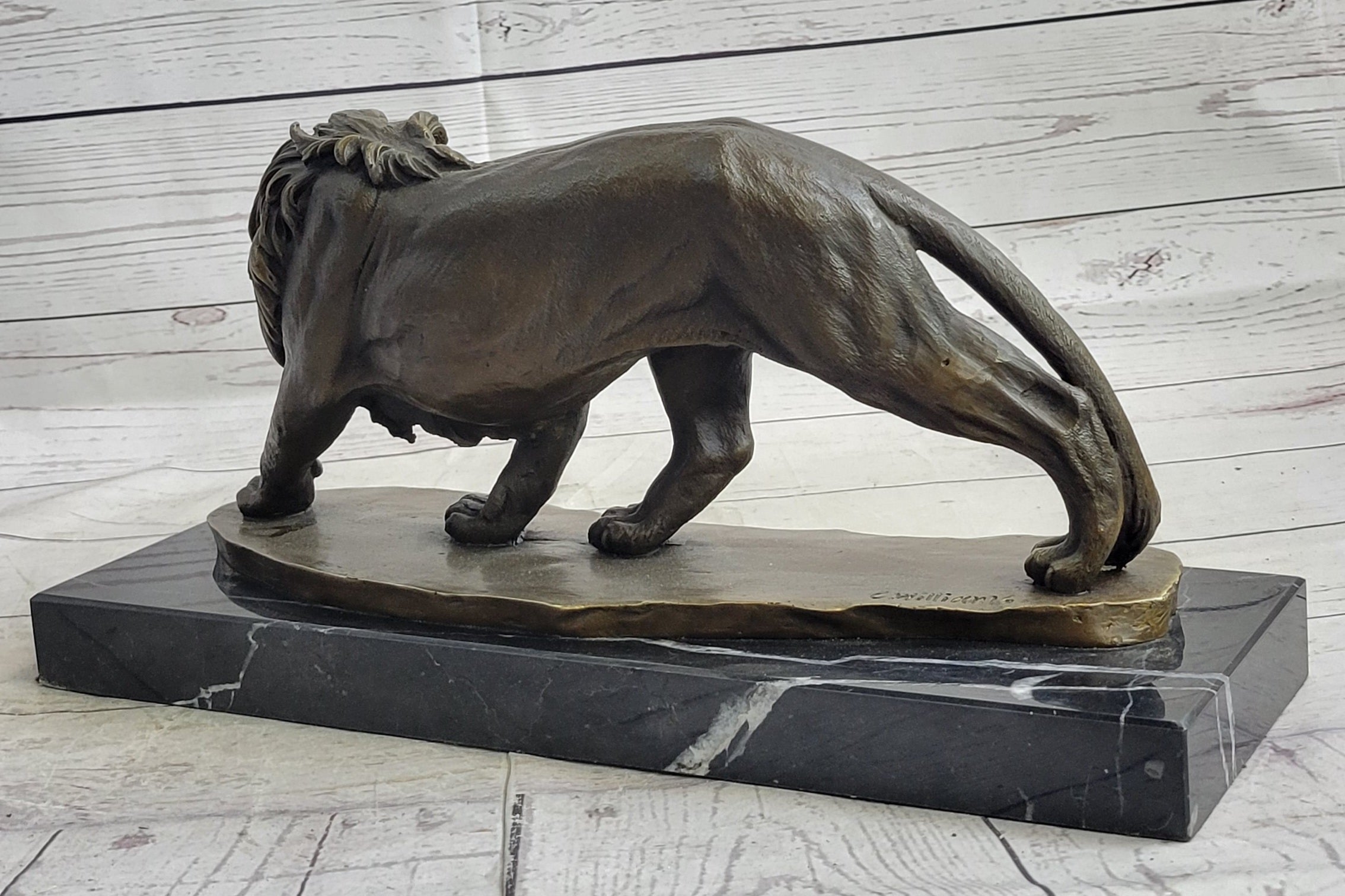 Male Lion Stalking Prey Bronze Sculpture Signed Art on Marble