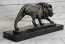 Male Lion Stalking Prey Bronze Sculpture Signed Art on Marble