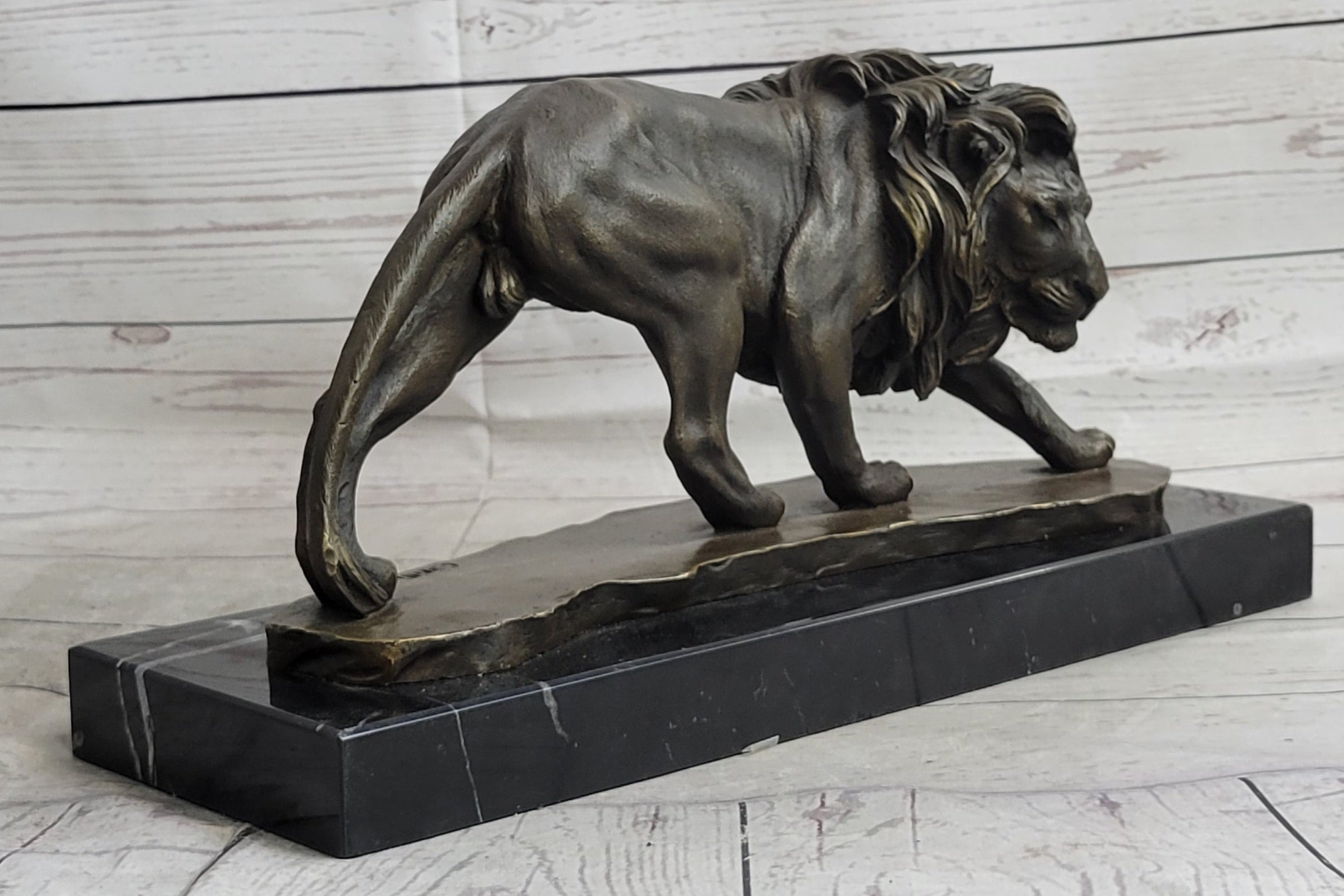 Male Lion Stalking Prey Bronze Sculpture Signed Art on Marble