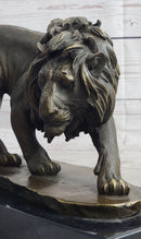 Male Lion Stalking Prey Bronze Sculpture Signed Art on Marble