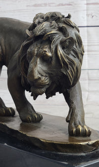 Male Lion Stalking Prey Bronze Sculpture Signed Art on Marble