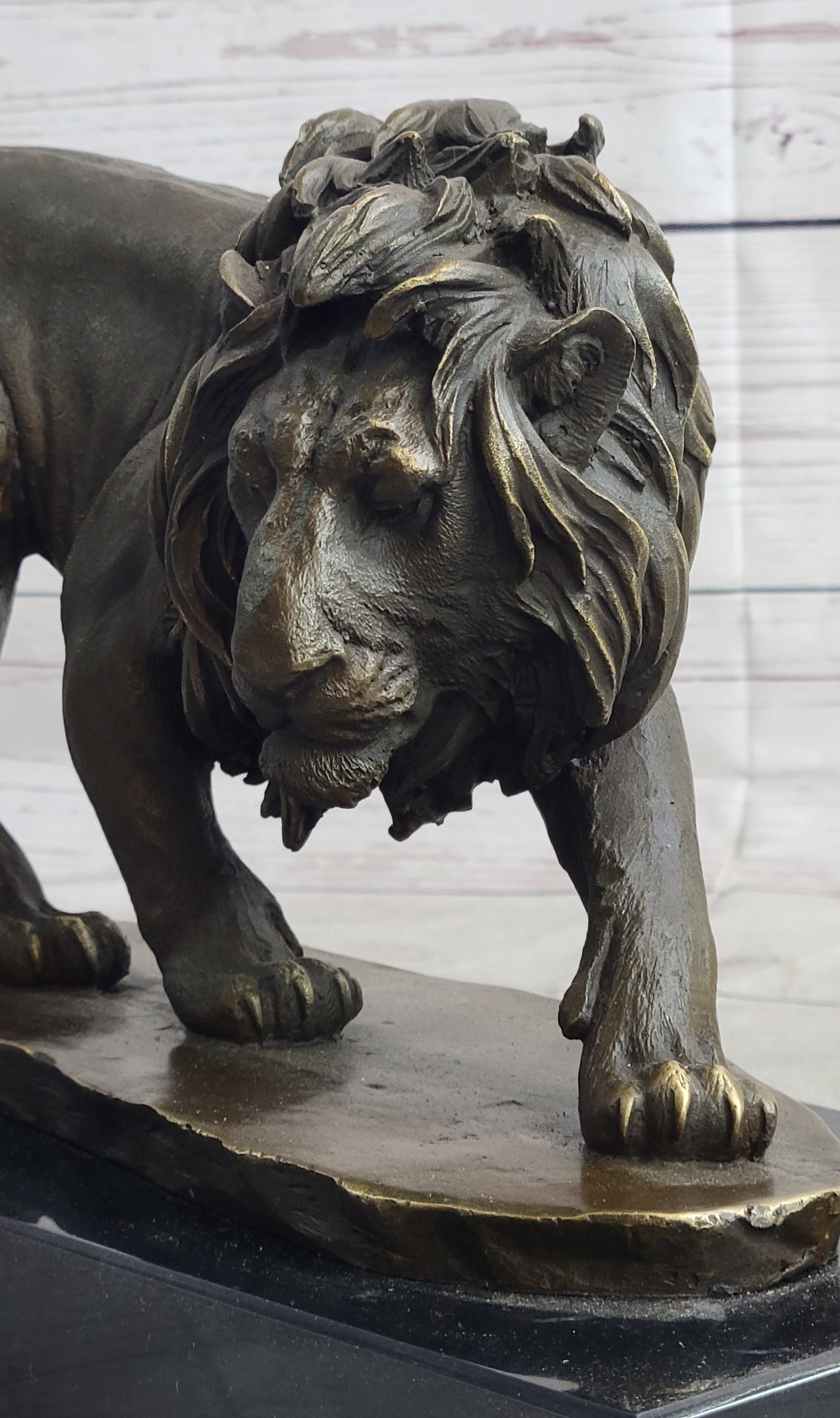 Male Lion Stalking Prey Bronze Sculpture Signed Art on Marble