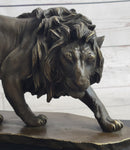 Male Lion Stalking Prey Bronze Sculpture Signed Art on Marble