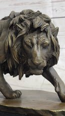 Male Lion Stalking Prey Bronze Sculpture Signed Art on Marble