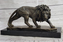 Male Lion Stalking Prey Bronze Sculpture Signed Art on Marble