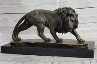 Male Lion Stalking Prey Bronze Sculpture Signed Art on Marble
