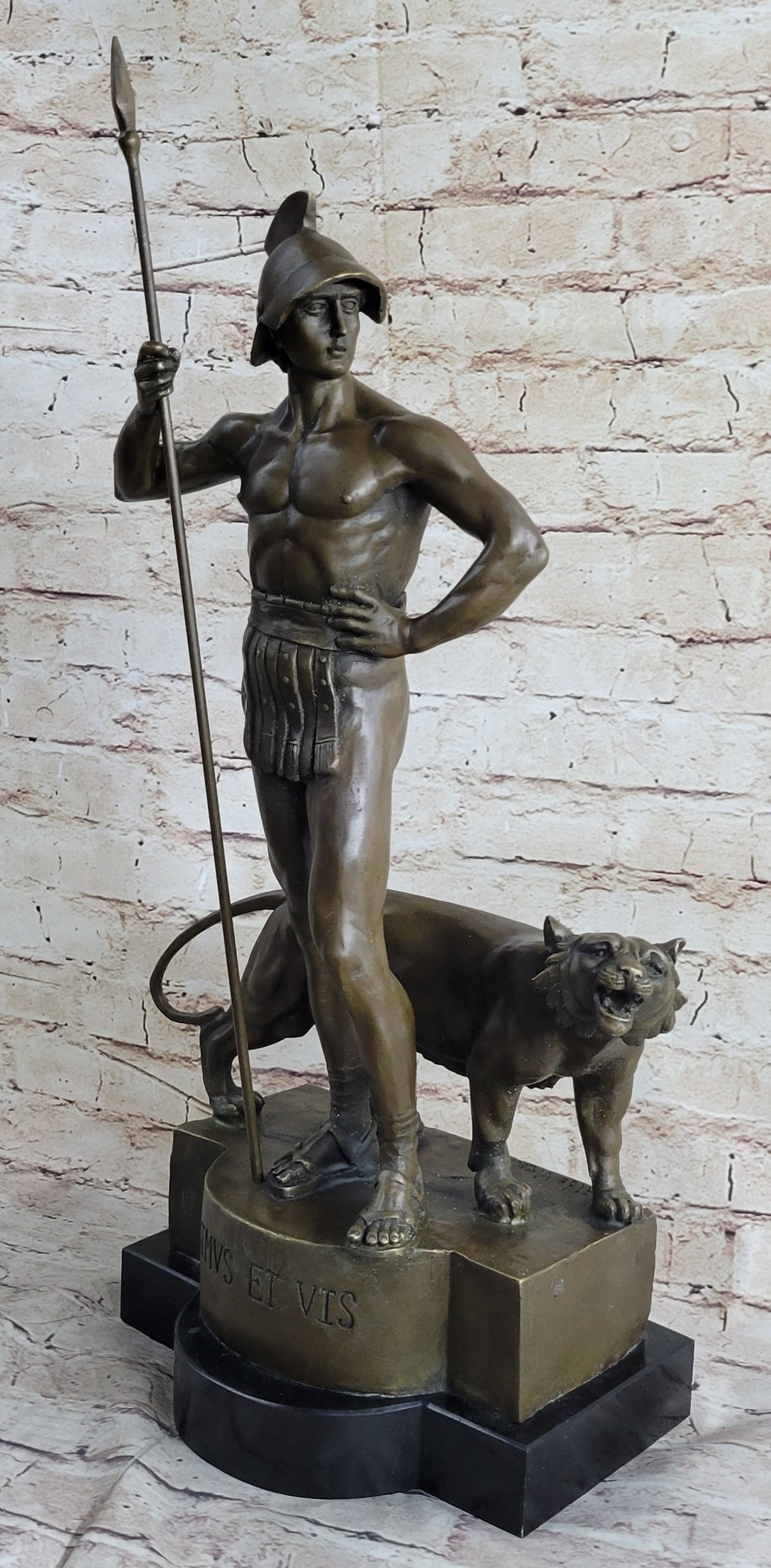 Roman Gladiator Warrior & Lion Bronze Sculpture 20" x 13"