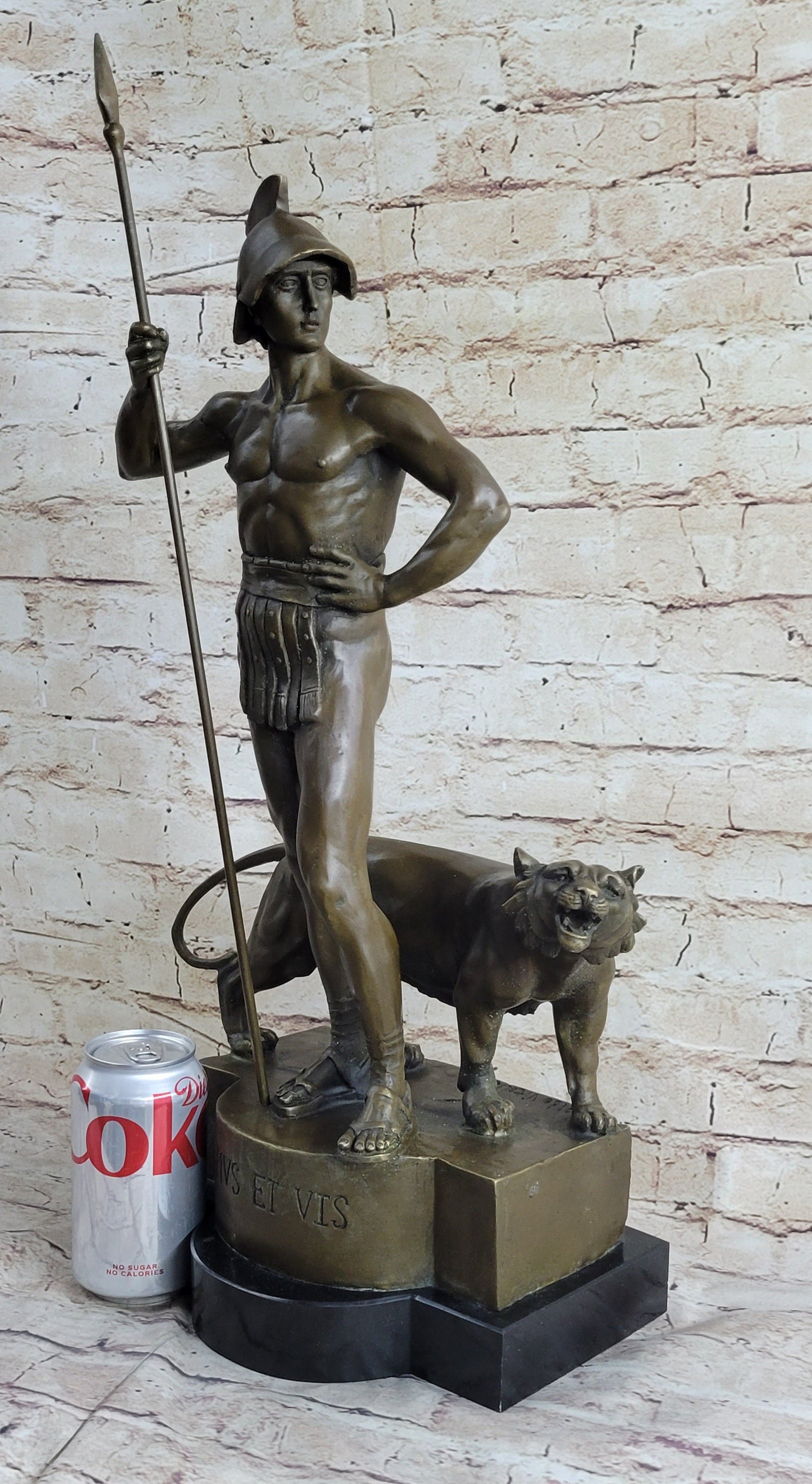Roman Gladiator Warrior & Lion Bronze Sculpture 20" x 13"
