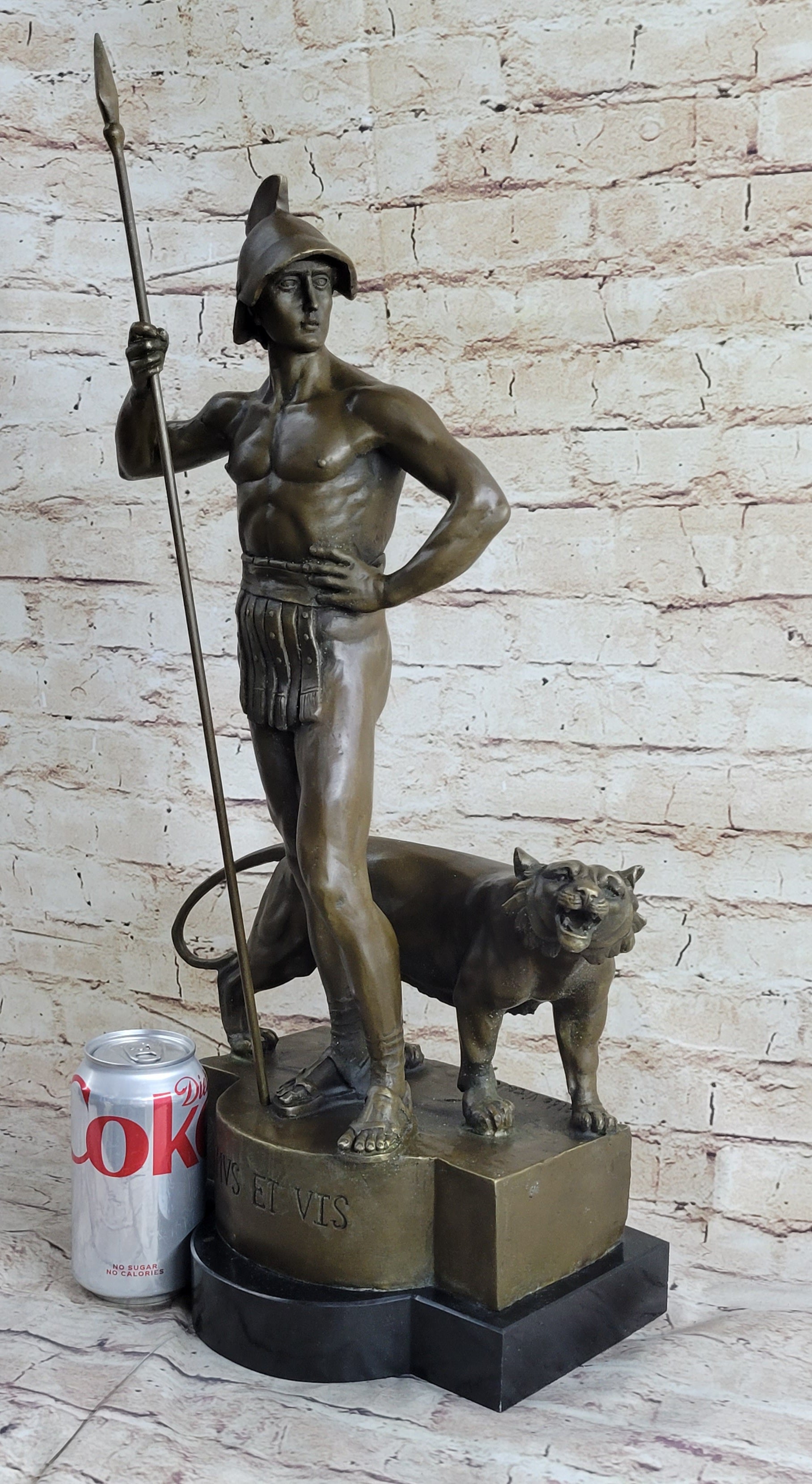 Roman Gladiator Warrior & Lion Bronze Sculpture 20" x 13"