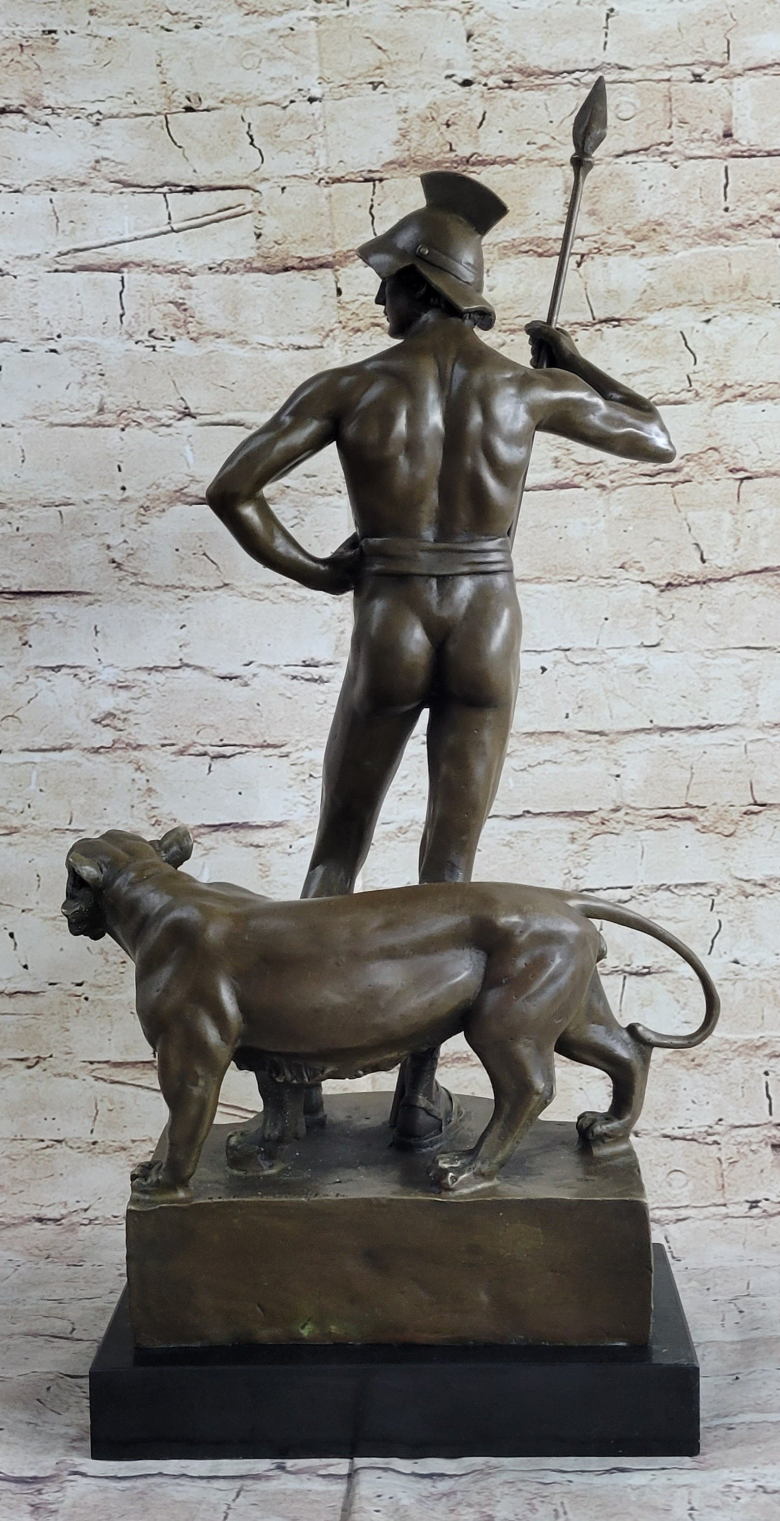 Roman Gladiator Warrior & Lion Bronze Sculpture 20" x 13"