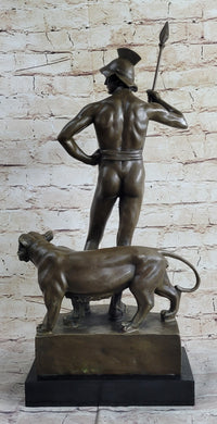 Roman Gladiator Warrior & Lion Bronze Sculpture 20" x 13"