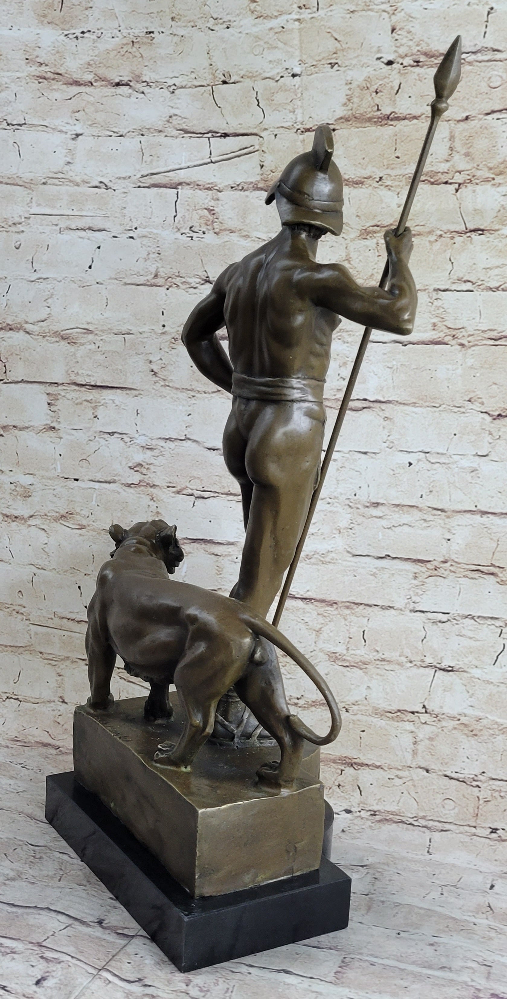Roman Gladiator Warrior & Lion Bronze Sculpture 20" x 13"