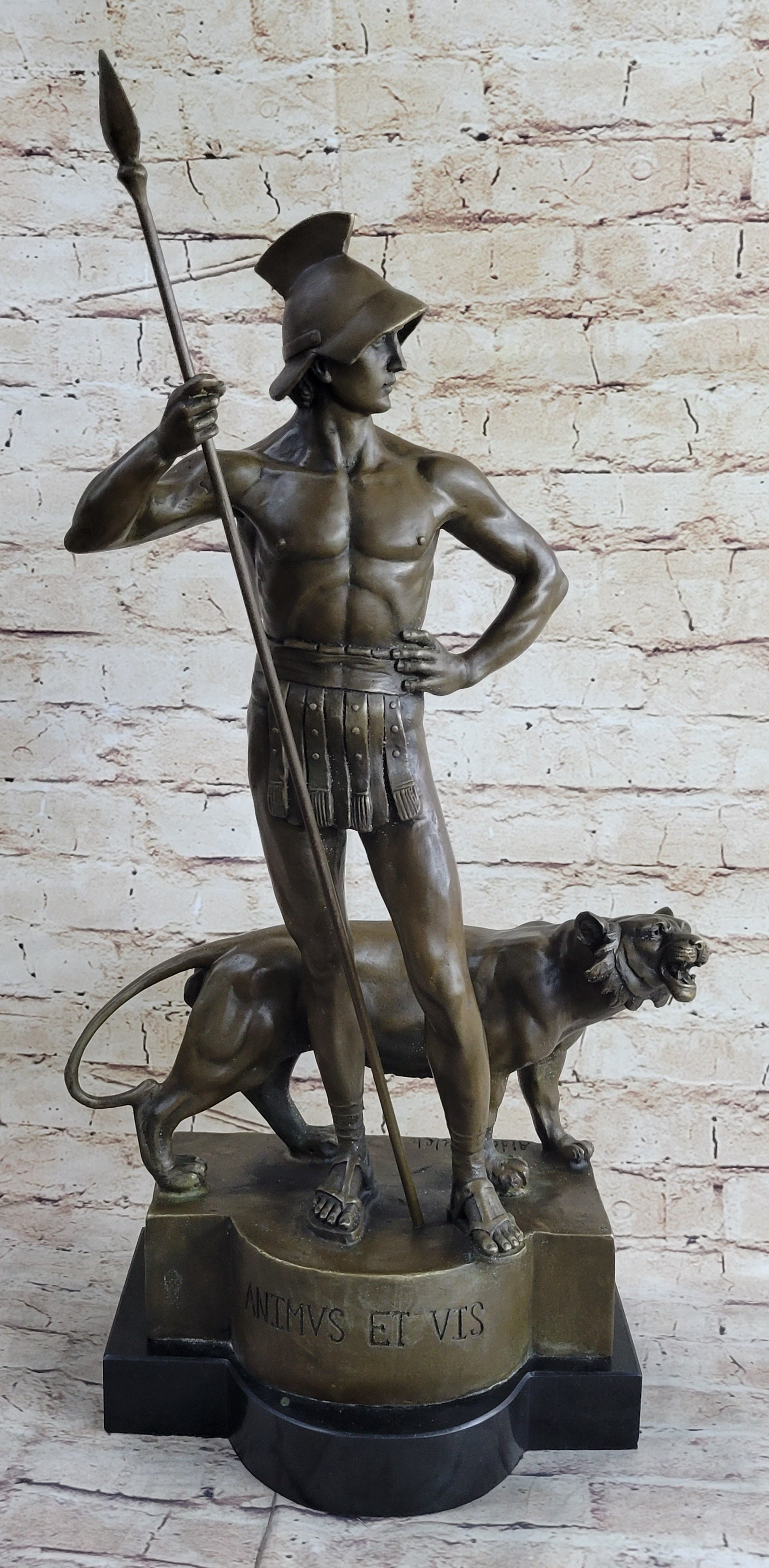 Roman Gladiator Warrior & Lion Bronze Sculpture 20" x 13"