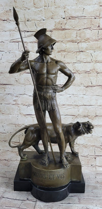 Roman Gladiator Warrior & Lion Bronze Sculpture 20" x 13"