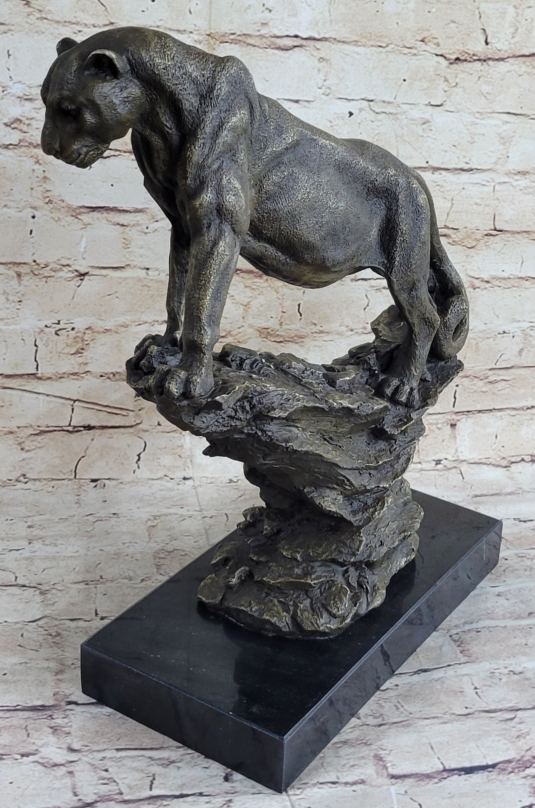 Puma Cougar Lioness Mountain Lion Bronze Sculpture Marble Base