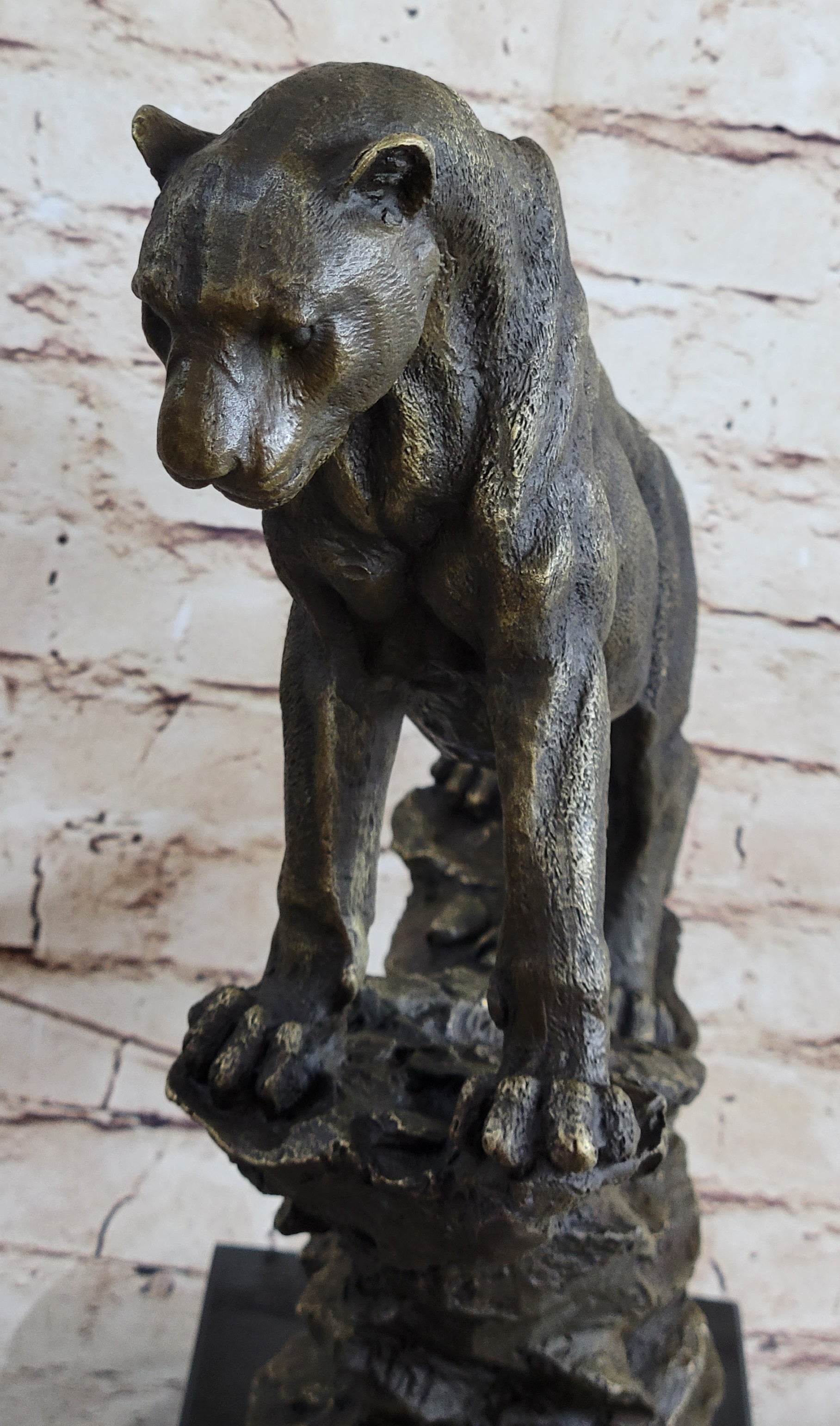 Puma Cougar Lioness Mountain Lion Bronze Sculpture Marble Base