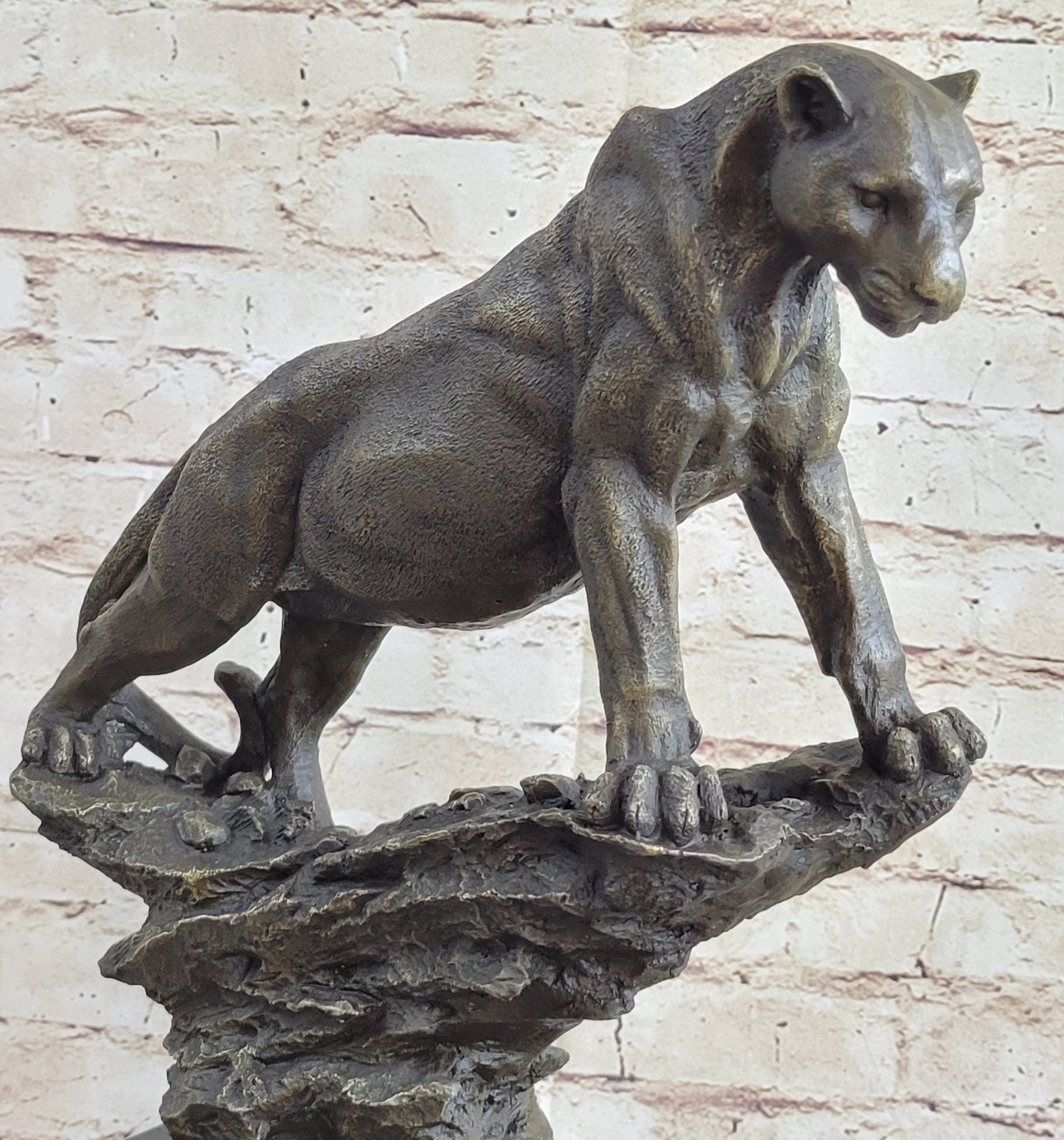 Puma Cougar Lioness Mountain Lion Bronze Sculpture Marble Base
