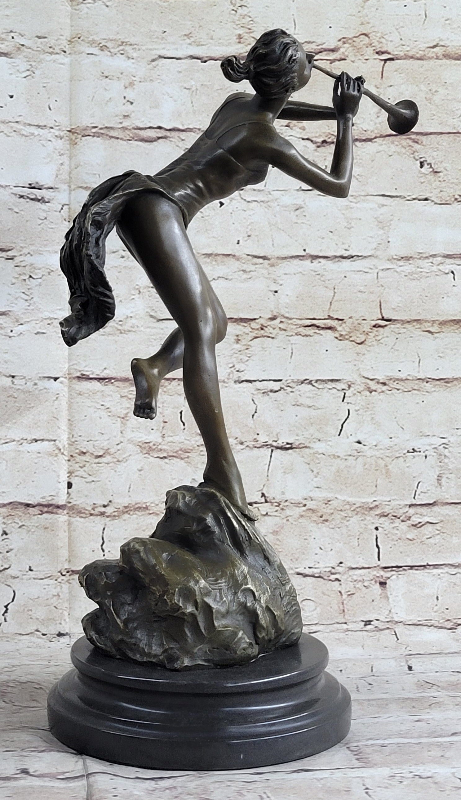 Vitaleh Sexy Nude Wood Nymph Playing Flute Bronze Sculpture