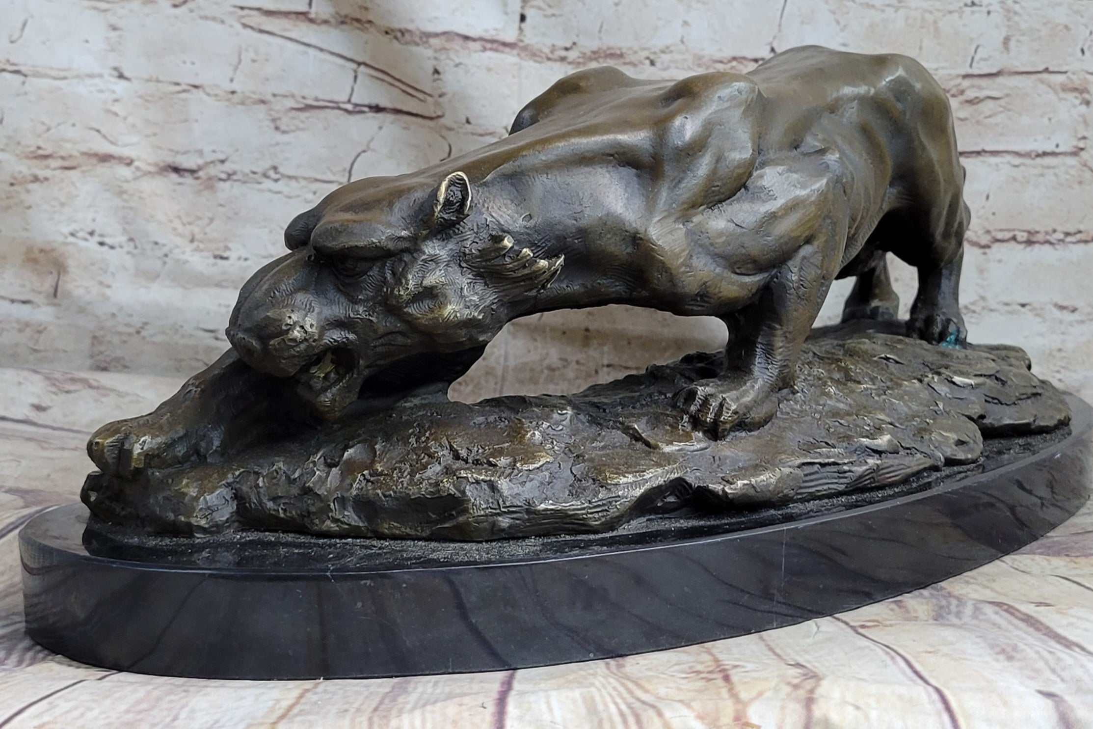 Waking Panther Mountain Lion Puma Bronze Sculpture on Marble Base