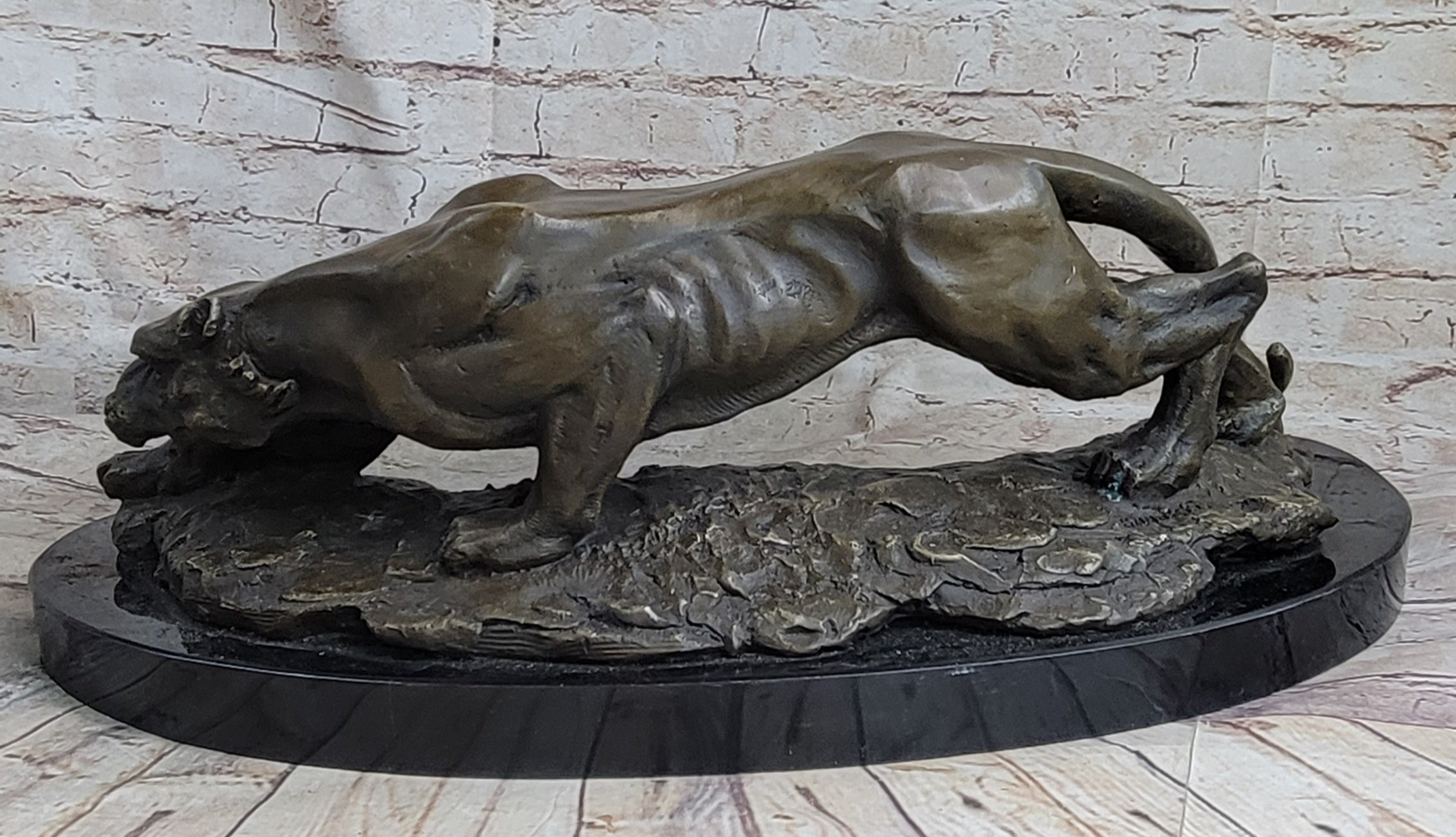 Waking Panther Mountain Lion Puma Bronze Sculpture on Marble Base
