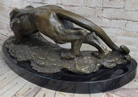 Waking Panther Mountain Lion Puma Bronze Sculpture on Marble Base