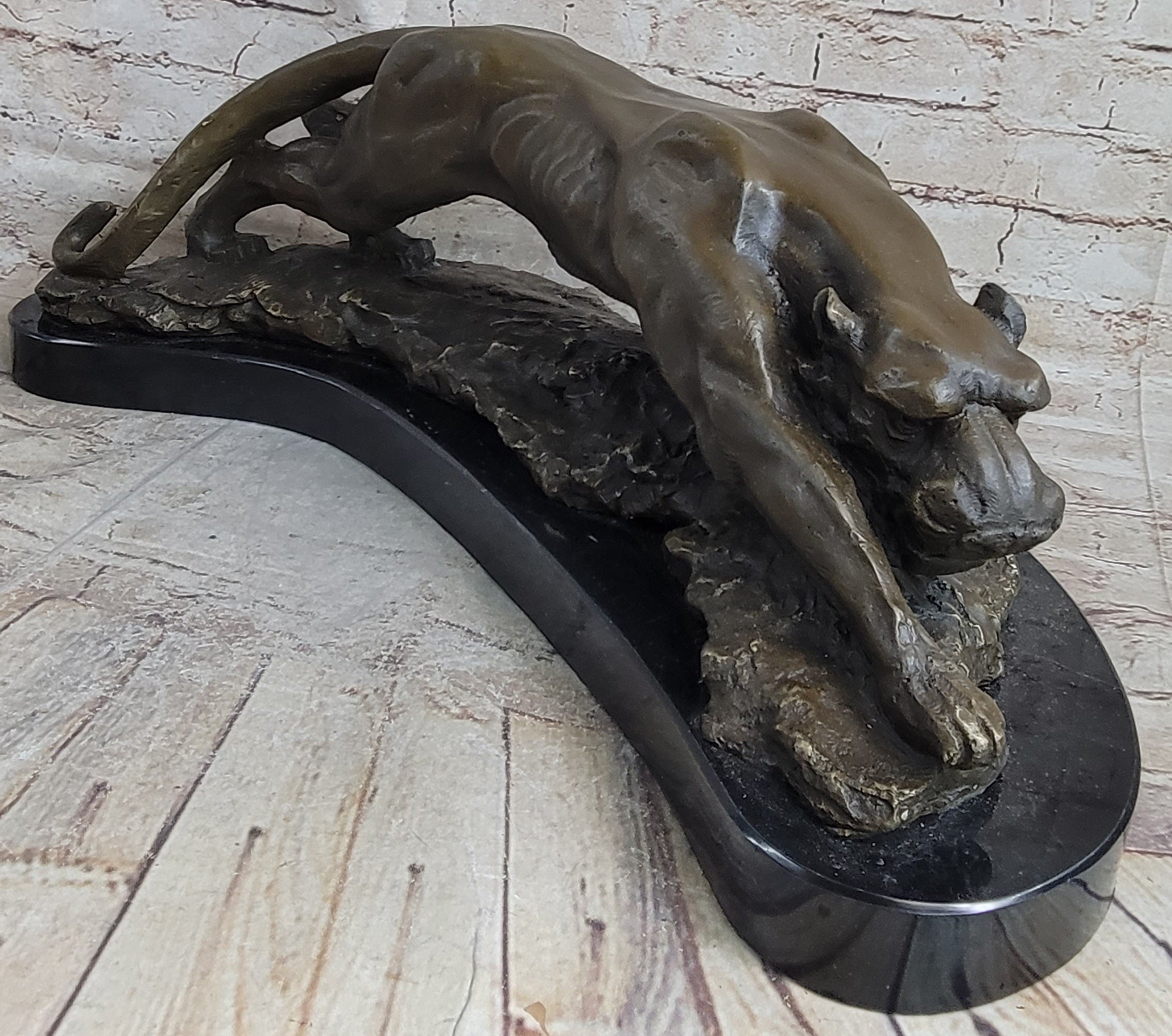 Waking Panther Mountain Lion Puma Bronze Sculpture on Marble Base