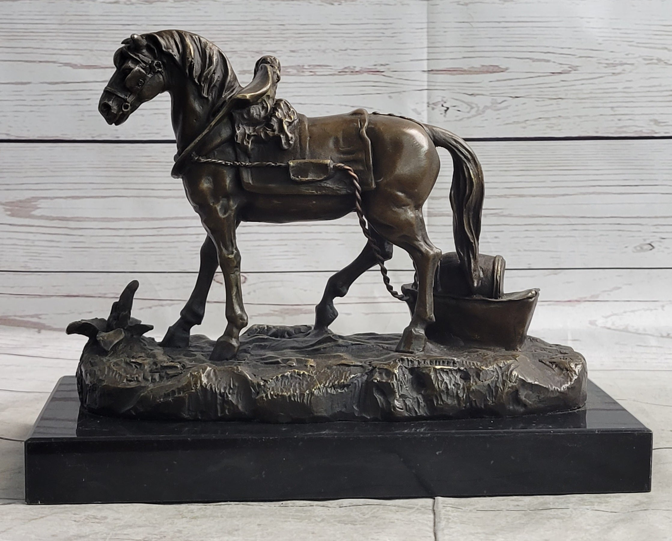 Working Draft Horse Bronze Sculpture Signed Art on Marble Base