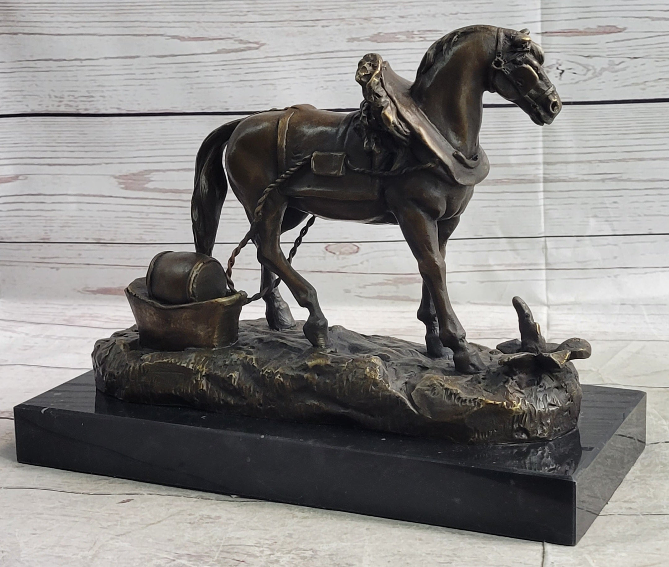 Working Draft Horse Bronze Sculpture Signed Art on Marble Base
