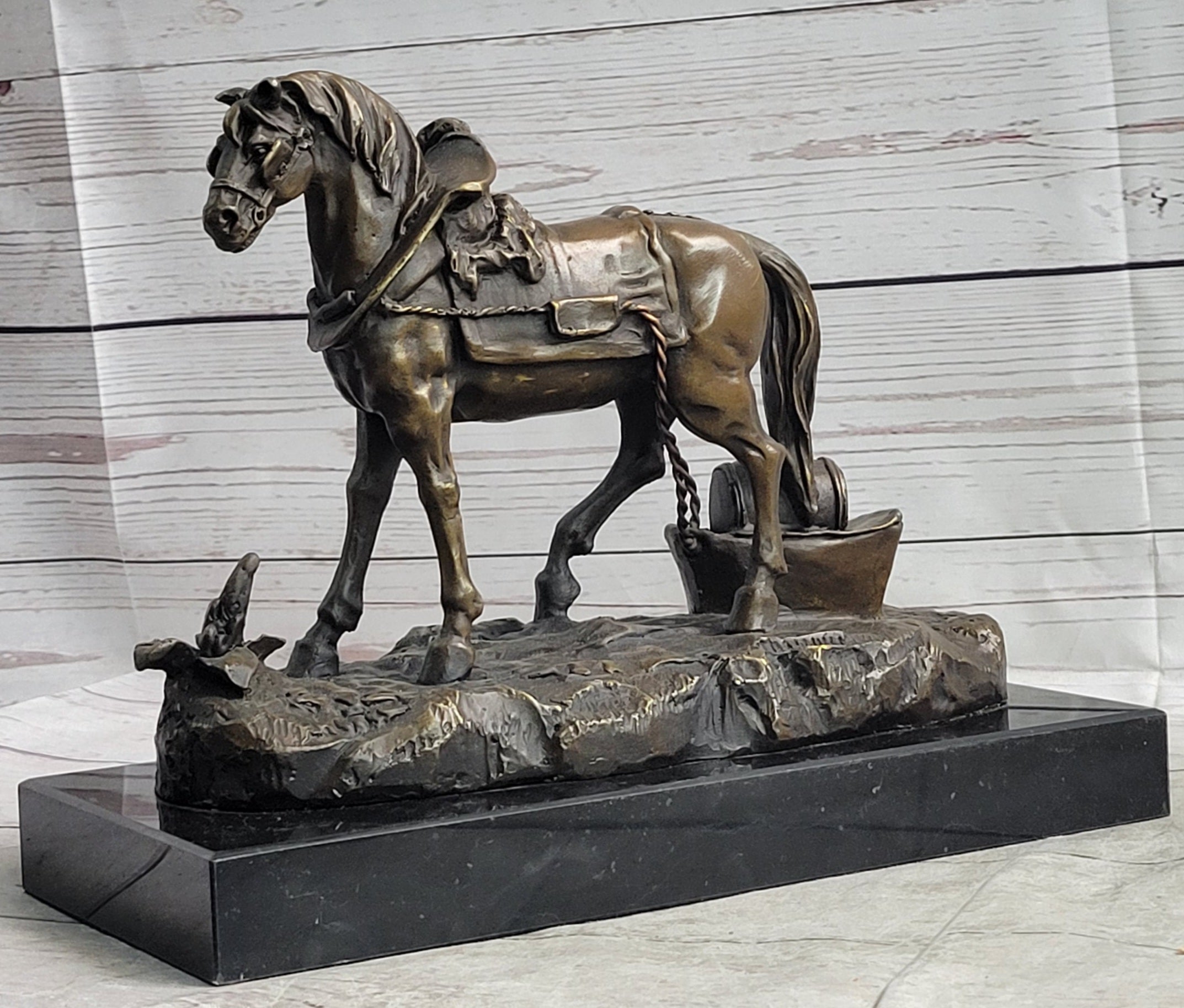 Working Draft Horse Bronze Sculpture Signed Art on Marble Base