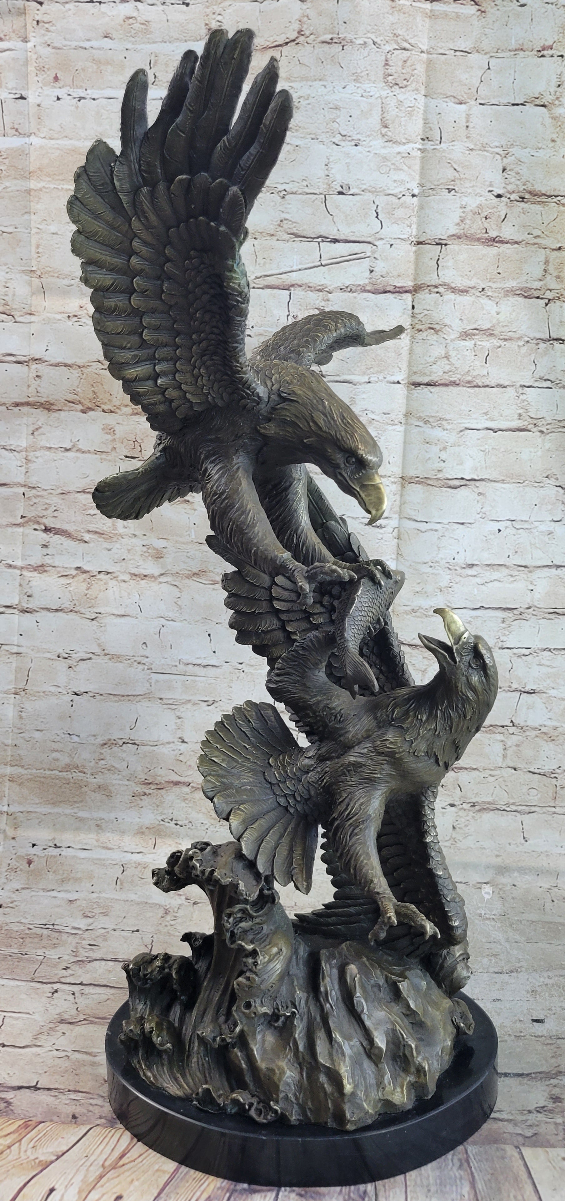 Fighting Eagles Bronze Sculpture Signed Marble Base